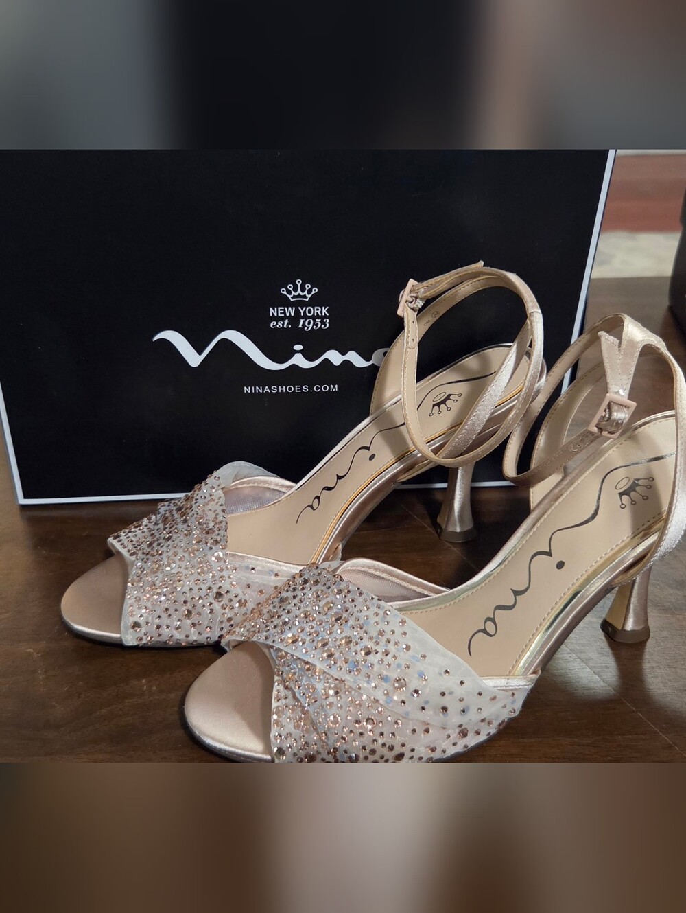 Nina Sparkle Open-Toe Ankle-Strap Heels in Champagne